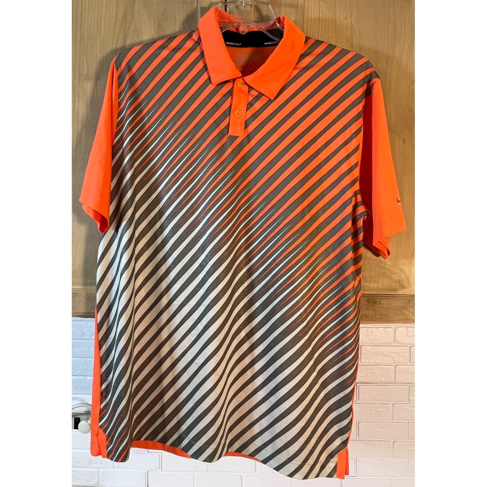 Nike Golf Polo Shirt Mens Large‎ Orange Gray Striped Dri-FIT Tour Performance